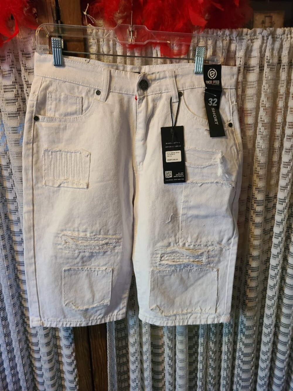 Encrypted NYC White Jean Shorts Mens Sz 32 Patched Distressed NWT $40.
